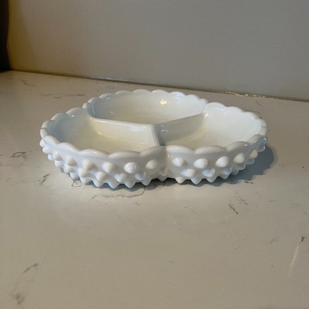 Milk Glass Hobnail 3 part dish